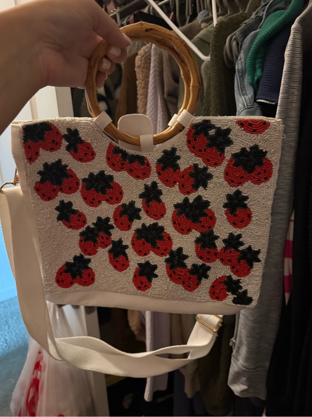 VIRAL TJ MAXX- Strawberry Beaded Tote with Bamboo Handles - Cream/Red